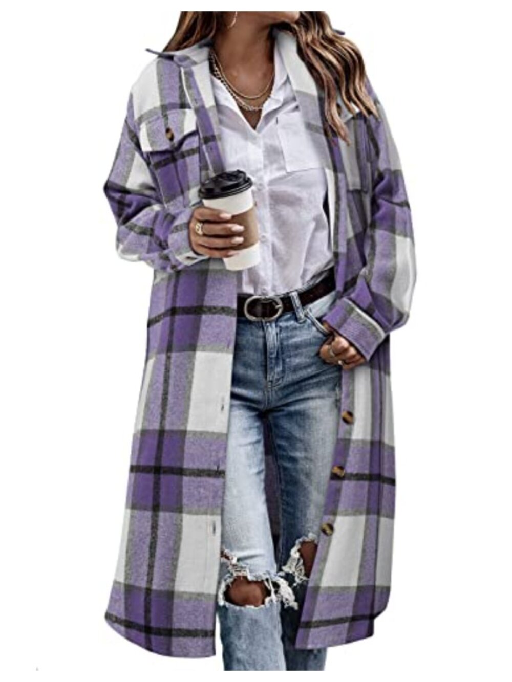 Womens Long Plaid Flannel Shacket Button Down Tartan Jacket Coat
